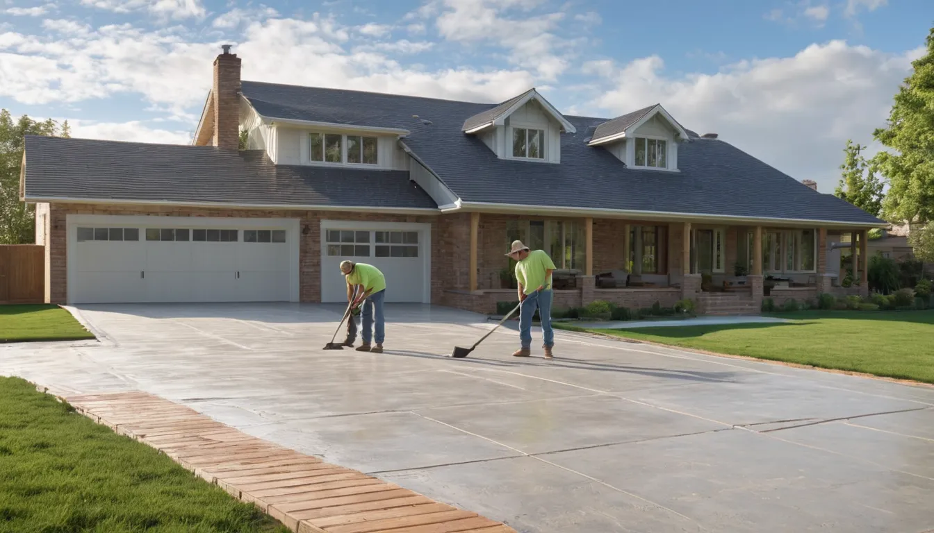Freshly poured broom-finished concrete driveway beside a brick ranch home in the Tipp City area